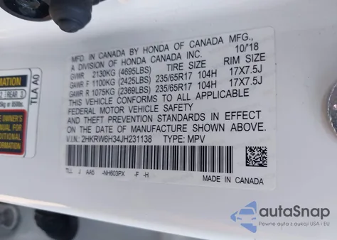 2018 Honda Cr-V Lx z USA, uszkodzony, nr VIN 2HKRW6H34JH231138